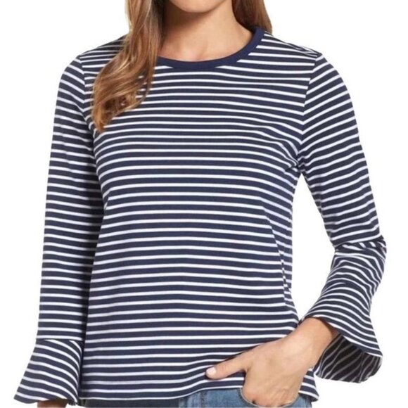 Draper James Sadler Navy White Stripe Bell Long Sleeve top Size Large - Picture 2 of 9